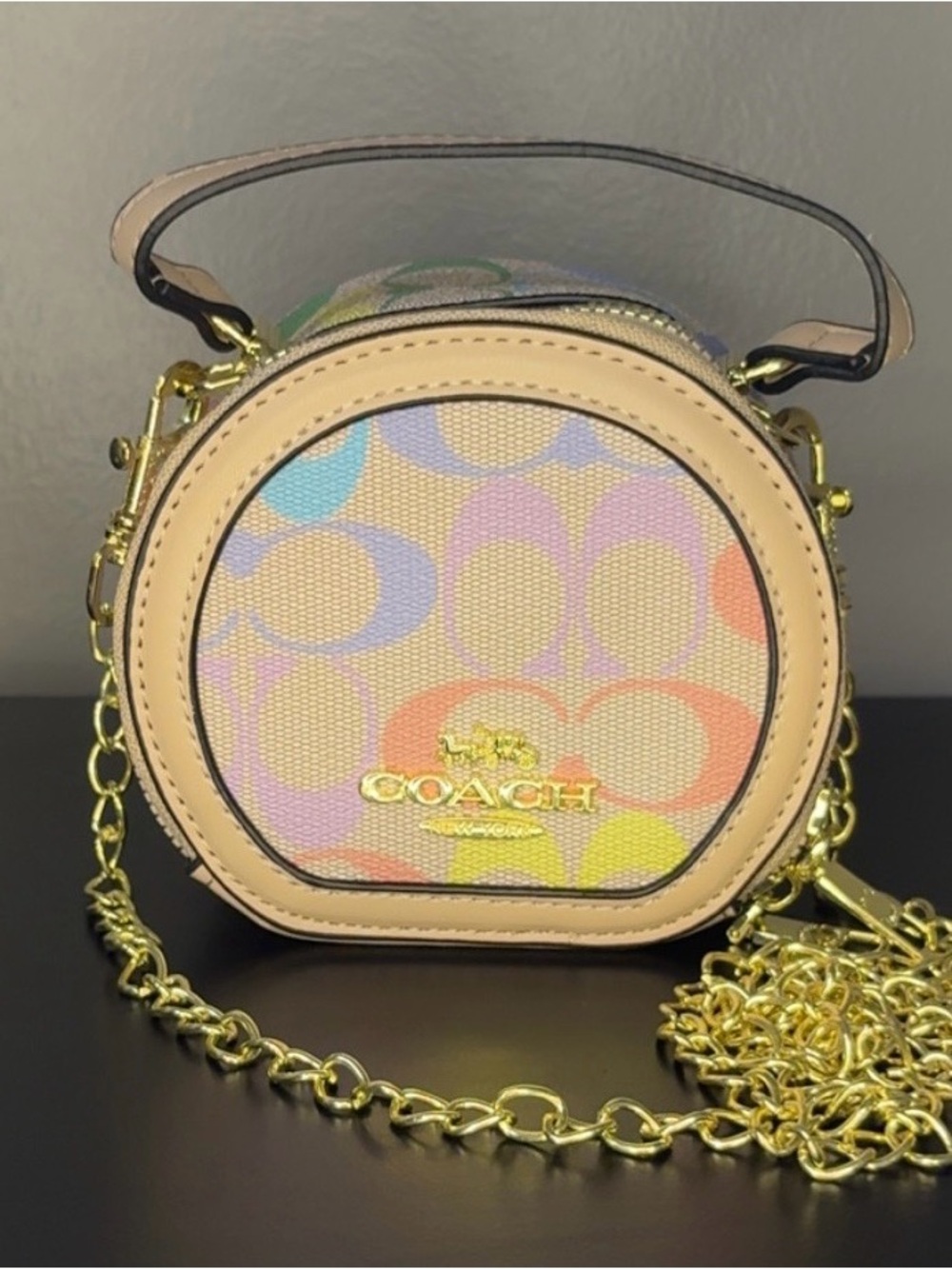 Coach Multicolor Pastel Signature Round Crossbody with Beige Trim